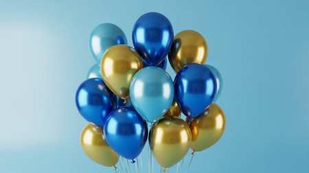Bunch of blue and yellow balloons on blue background. 3D renderingの写真素材