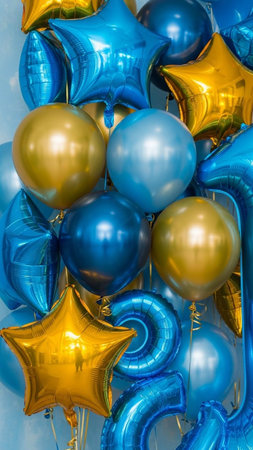 Blue and yellow balloons on a blue background, closeup of photoの写真素材