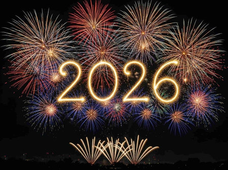 Happy new year written with Sparkle firework on black background.の写真素材