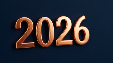 2026 gold text on a dark blue background. Happy New Year.の写真素材