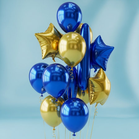Blue and gold balloons on a blue background. 3d rendering.の写真素材