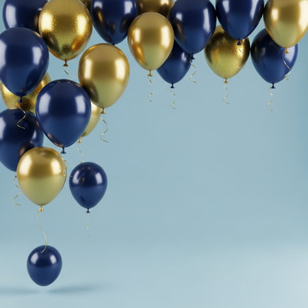 Blue and golden balloons on a blue background. 3d render.の写真素材