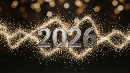 Happy New Year. 3D illustration. Golden bokeh background.の写真素材