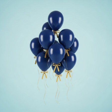 Blue balloons with golden ribbons on blue background. 3D Renderingの写真素材