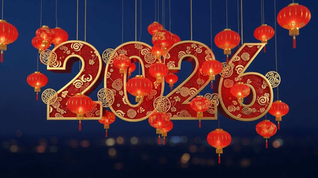 Happy new year with red paper lanterns on the night backgroundの写真素材