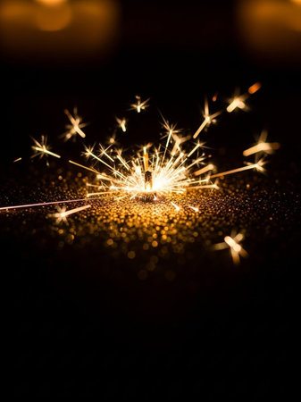 Christmas and New Year party sparkler on black bokeh backgroundの写真素材