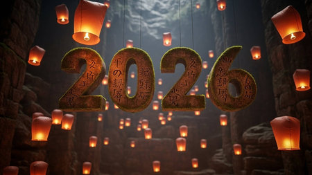 Happy New Year 2026 with lanterns in the darkの写真素材