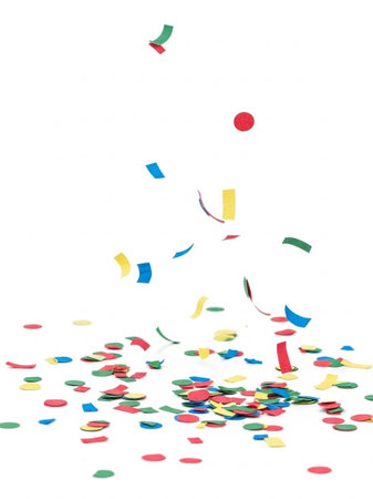 colorful confetti and streamers isolated on the white background.の写真素材