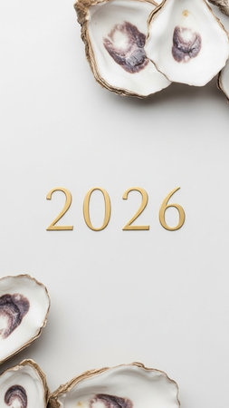 top view of fresh oysters on white background with 2026 letteringの写真素材
