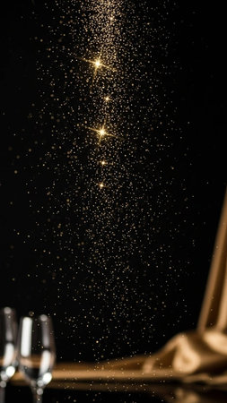glasses of champagne with golden sparkles on black background, closeupの写真素材