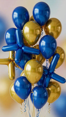 Blue and yellow balloons with ribbons on a birthday party background.の写真素材