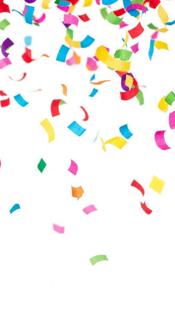 Colorful confetti and streamers on white background. Festive concept.の写真素材