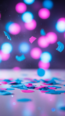 Colorful confetti flying in the air with bokeh backgroundの写真素材