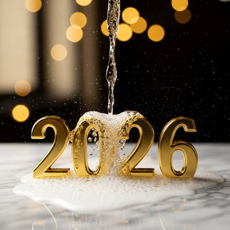 New Year's Eve celebration with golden numbers and bokehの写真素材