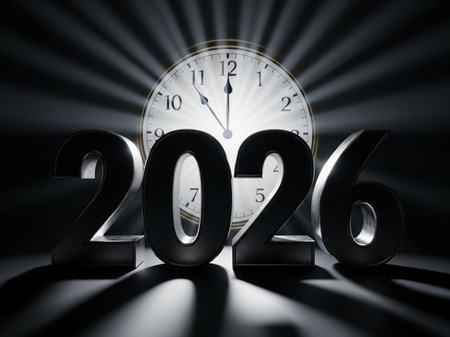 New Year 2016 concept with clock and light rays. 3D Renderingの写真素材