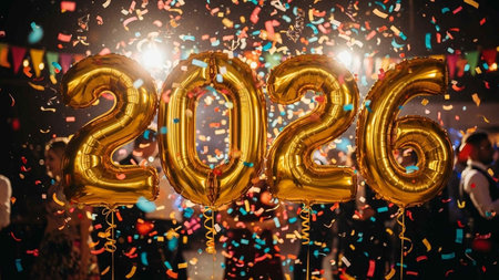 New Year celebration. Gold balloons on the background of confetti.の写真素材