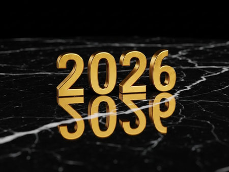 New Year 2016 golden text on black marble background. 3D renderingの写真素材