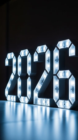 Happy new year written with led lights on dark background. New Year concept.の写真素材