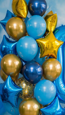 Close up of blue and golden balloons for birthday party or carnivalの写真素材
