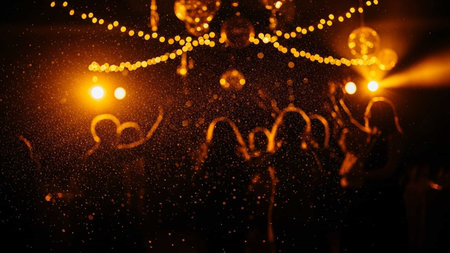 blurred background with bokeh lights and silhouettes of dancing peopleの写真素材