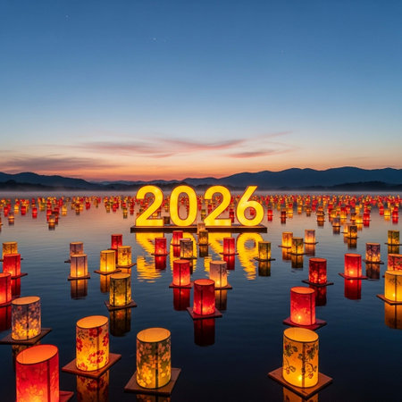 Happy new year, Chinese lanterns in the lakeの写真素材