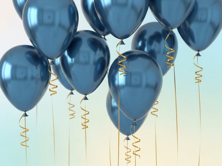 Blue balloons with golden ribbons on blue background. 3d renderの写真素材