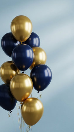 Bunch of golden and blue balloons on blue background with copy spaceの写真素材