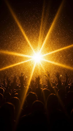 silhouette of a concert crowd in front of a bright sunの写真素材