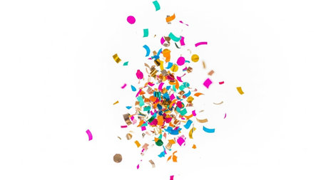 Colorful confetti and ribbons on white background. Isolatedの写真素材