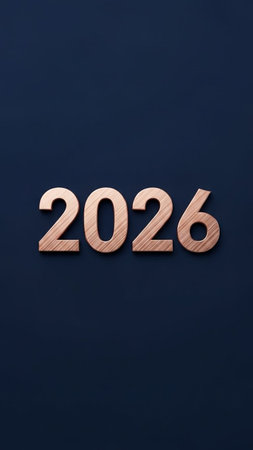 Wooden number 2026 on dark blue background. New year concept.の写真素材