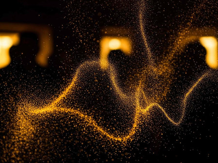 Abstract gold bokeh on black background. Gold glittering particles.の写真素材
