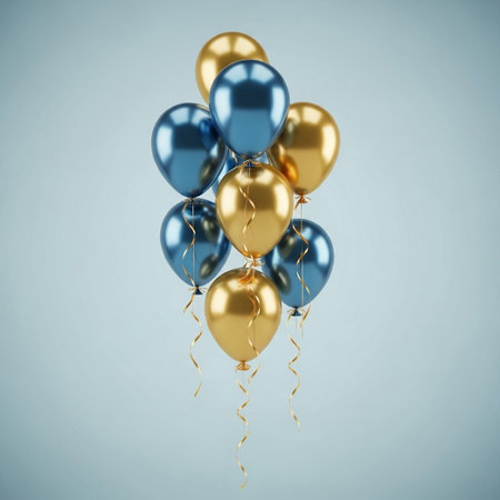 3D render of golden and blue balloons with ribbons on blue backgroundの写真素材