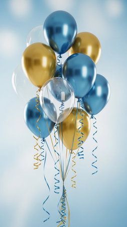Party balloons with ribbons and confetti on blue background. 3D renderingの写真素材