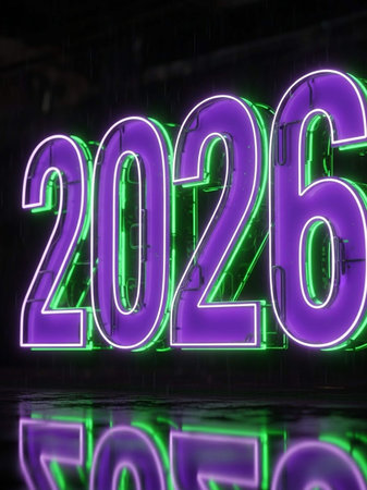 Happy New Year written in fluorescent neon letters. 3D renderingの写真素材
