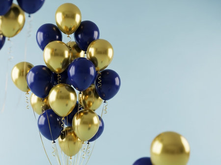 Group of balloons on blue background, closeup. Space for textの写真素材