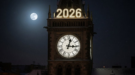 Night view of Big Ben in London, UK with moon in the backgroundの写真素材
