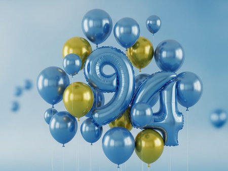 Number 90 gold and blue balloons on blue background. 3D Renderの写真素材