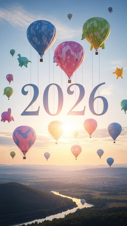 Happy new year concept with hot air balloons in the sky.の写真素材