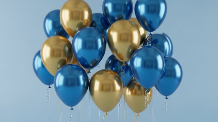 3D render of a bunch of blue and golden balloons on a blue backgroundの写真素材