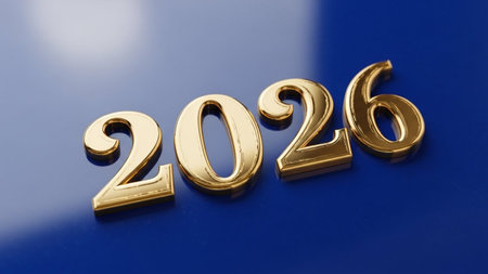 New Year's card with the number 2016 in gold on a blue backgroundの写真素材