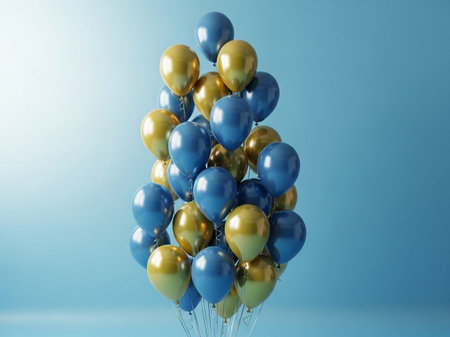 Bunch of blue and yellow balloons on blue background. 3D Renderingの写真素材