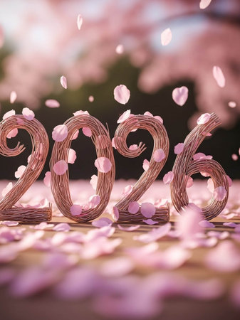 Happy New Year 2020 with cherry blossom petals and bokeh backgroundの写真素材