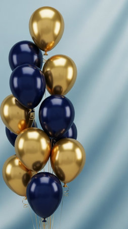 3d render of bunch of golden and blue balloons on blue backgroundの写真素材