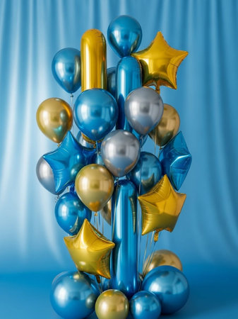 Blue and gold balloons on a blue background. 3d rendering.の写真素材