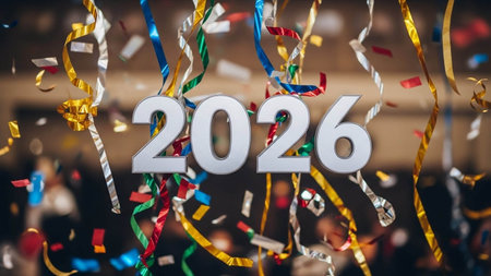 Happy New Year. Number 2016 with confetti and ribbonsの写真素材