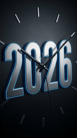 Clock face with 2026 new year sign on black background. 3D Renderingの写真素材
