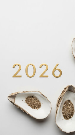 top view of open oysters with golden numbers on white backgroundの写真素材