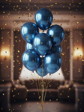 Blue balloons with confetti flying in room. 3D Renderingの写真素材