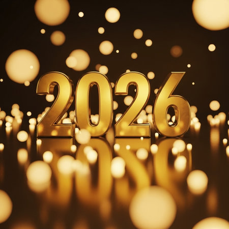 Happy New Year. 3D illustration. Golden numbers on bokeh background.の写真素材