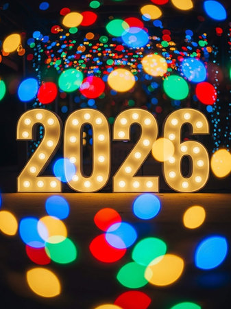 Numbers on a background of Christmas lights.の写真素材